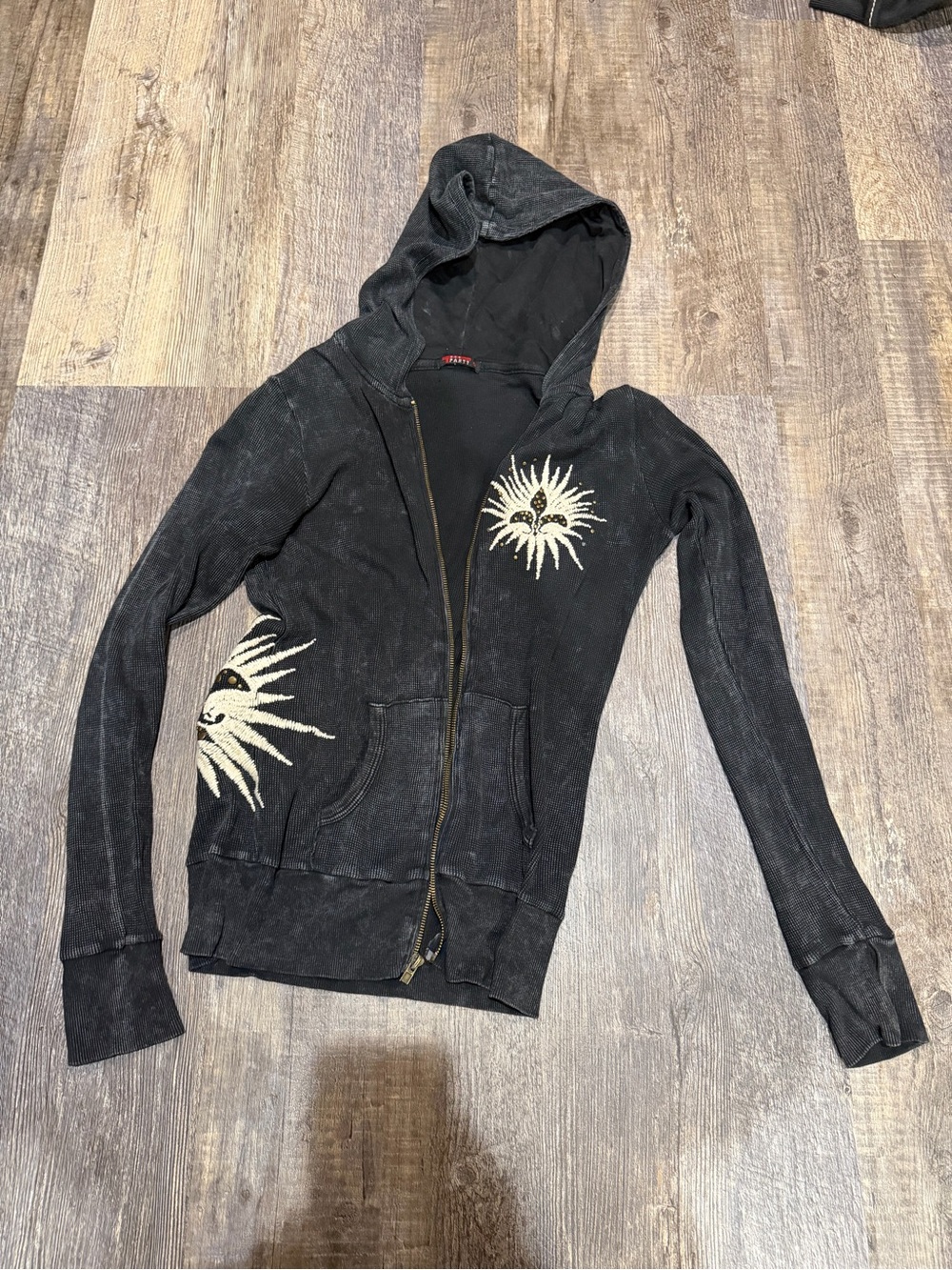 T Party Fashion Black Hooded Zip-Up Sweatshirt with Sun Motifs